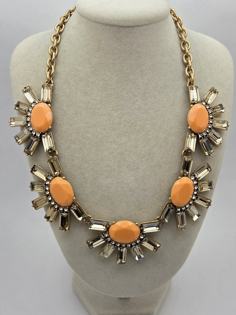 J.Crew Vintage-Style Statement Necklace — Vibrant Orange Resin & Rhinestones